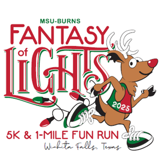 MSU-Burns Fantasy of Lights 5K and 1-Mile Fun Run graphic of a reindeer running, holding red and green Christmas lights behind him.